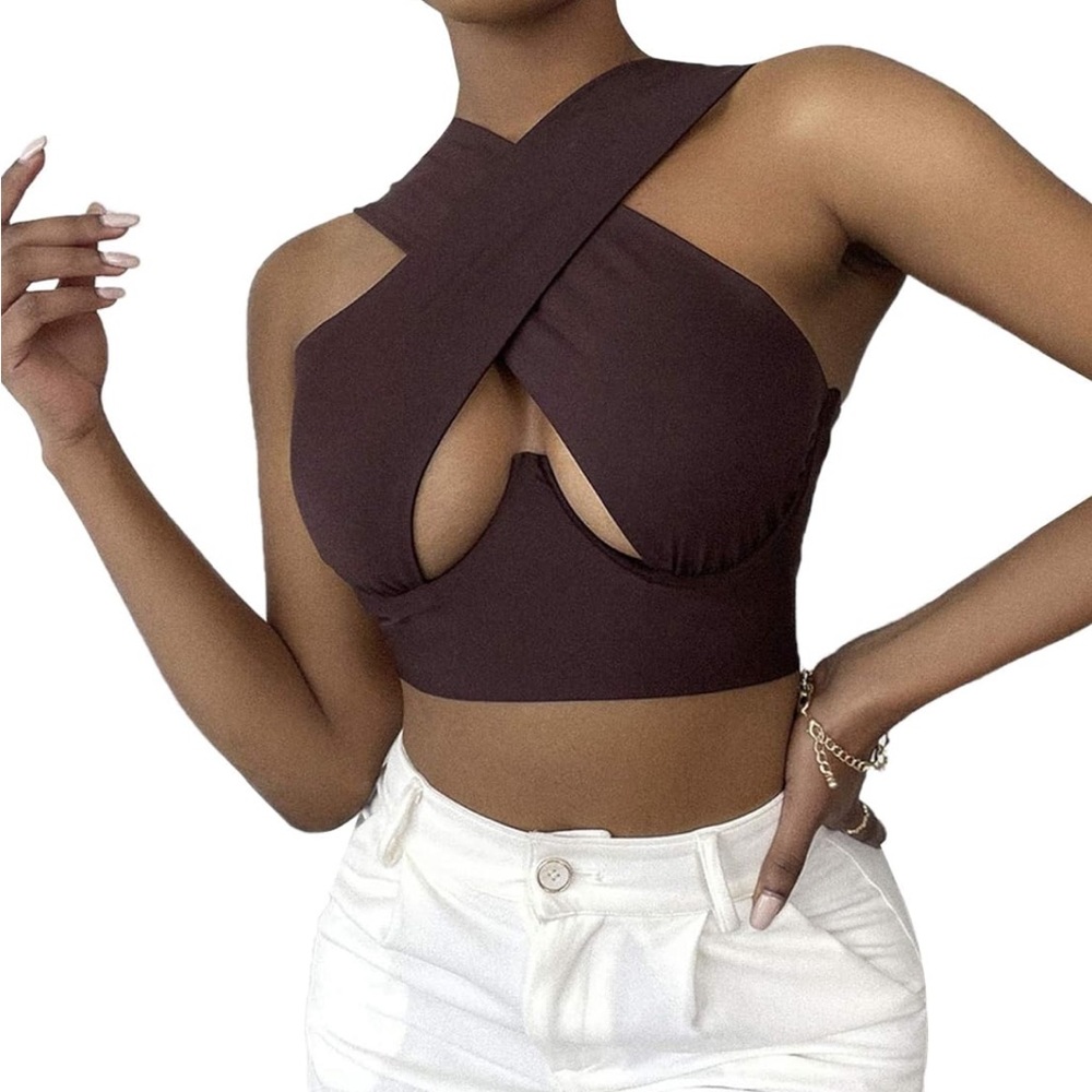 Brown Cross - Over Cutout Bra Crop Top